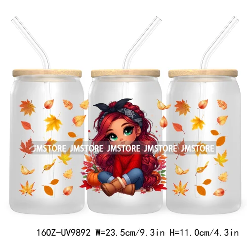 Mexican Latina Chibi Autumn Baby Girl UV DTF Sticker For 16OZ Libbey Glass Cup Can Wrap Transfer Stickers Custom Labels DIY Logo