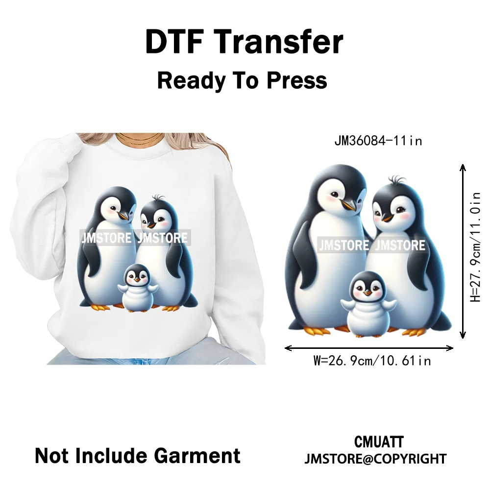 Cute Animal Penguins Coquette Hat Family Mom Father Baby Lovers Iron on DTF Heat Transfer Stickers Ready to Press for Hoodies