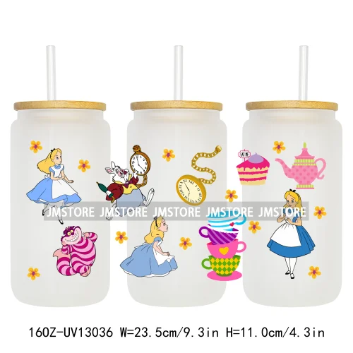 Cartoon Princess In Wonderland UV DTF Wraps Transfer Sticker Ready To Apply Waterproof Logo For 16OZ Libbey Glass Can Tumbler