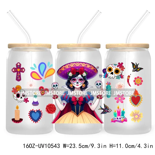 Dia De Los Muertos Mexican UV DTF Sticker For 16OZ Libbey Glass Cup Can Wrap Transfer Stickers Hispanic Halloween Sugar Skulls