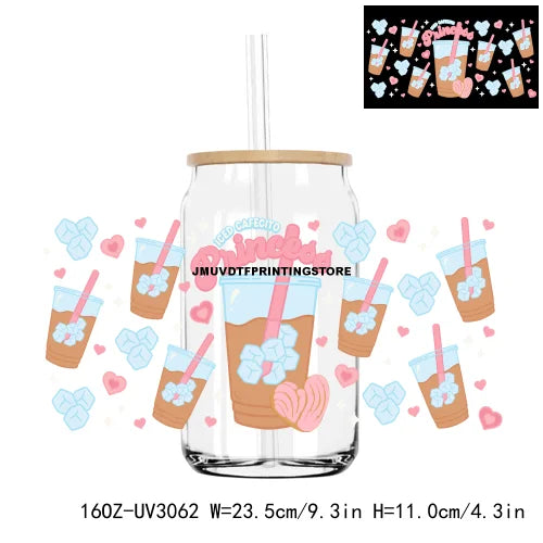 De La Rosa Concha Valentine's Day Cafecito Y Chisme UV DTF Sticker For 16OZ Libbey Glass Cup Can Wrap Custom Transfer Sticker