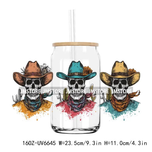 Boho Western Country Cowboy Skull Vibes UV DTF Sticker For 16OZ Libbey Glass Cup Can Wrap Transfer Sticker Custom Label DIY Logo