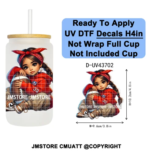 Cute Latina Baby Girl American Football UV DTF Cup Decals Ready To Apply Transfer Stickers Durable For Libbey Glass Can Tumbler