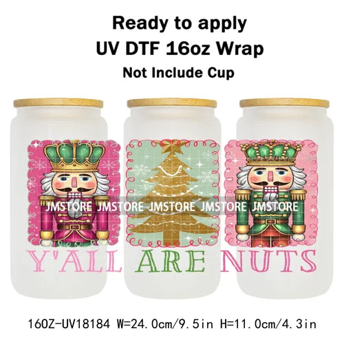 Faux Glitter Preppy Nutcracker Christmas UV DTF Cup Wrap Ready To Apply Transfer Sticker 16OZ Tumbler Wraps For Libbey Glass Can