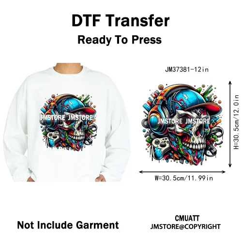 12in Hip Hop Graffiti Urban Skull Gaming Controller Game Lovers Iron on DTF Transfers Stickers Ready to Press for Hoodies Bags