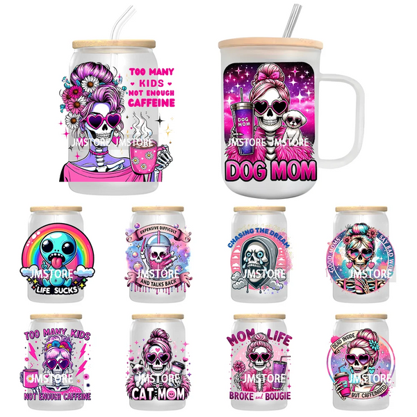 Dog Cat Skeleton Mom UV DTF Transfer Stickers Decals For Libbey Cold Cups Mugs Tumbler Waterproof Custom Logo Labels Mama Life