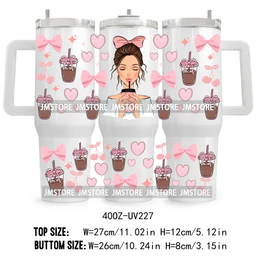 40OZ Tumbler Wrap Girl With Coffee UV DTF Cup Wraps Transfer Stickers Custom Labels Durable Waterproof Logo Pink Drinks Lady