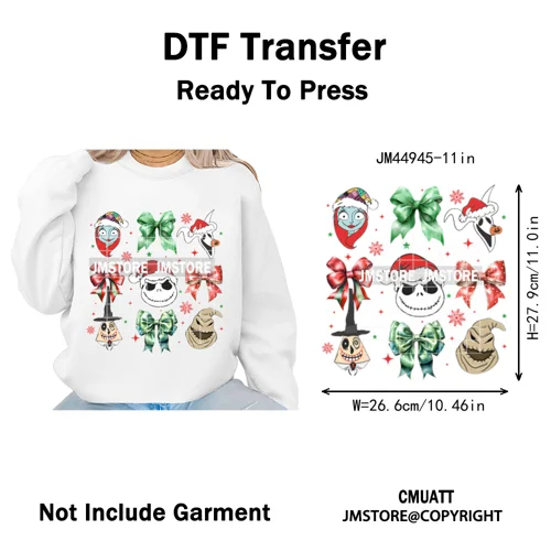 New Nightmare Horror Christmas Movie Characters Lover Iron on Washable DTF Heat Transfers Stickers Ready to Press for Clothes