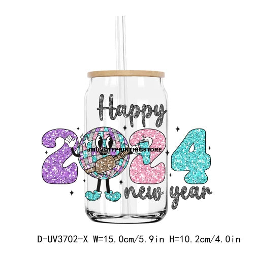 Faux Glitter Happy New Year 2024 16OZ UV DTF Cup Wrap Transfers Stickers Custom Labels DIY Waterproof Logo For Libbey Glass Can
