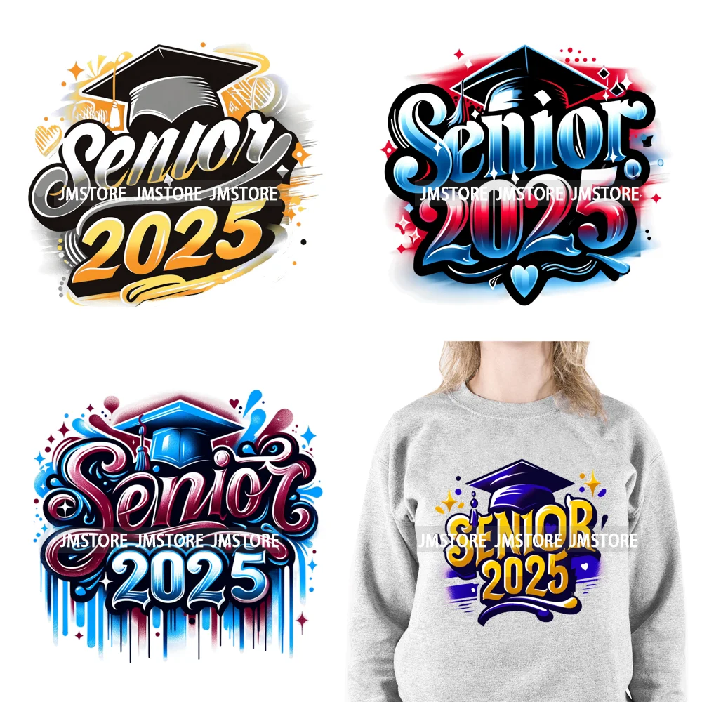 Senior Cap Class of 2025 High School Love Gifts College Grad Iron On DTF Heat Transfer Stickers Ready To Press For Clothing Bags