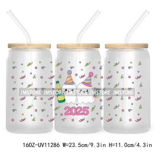 Happy New Year Christmas Tree Gingerbread 16OZ UV Cup Wrap DTF Transfer Stickers For Libbey Glass Can Cups Tumbler Waterproof