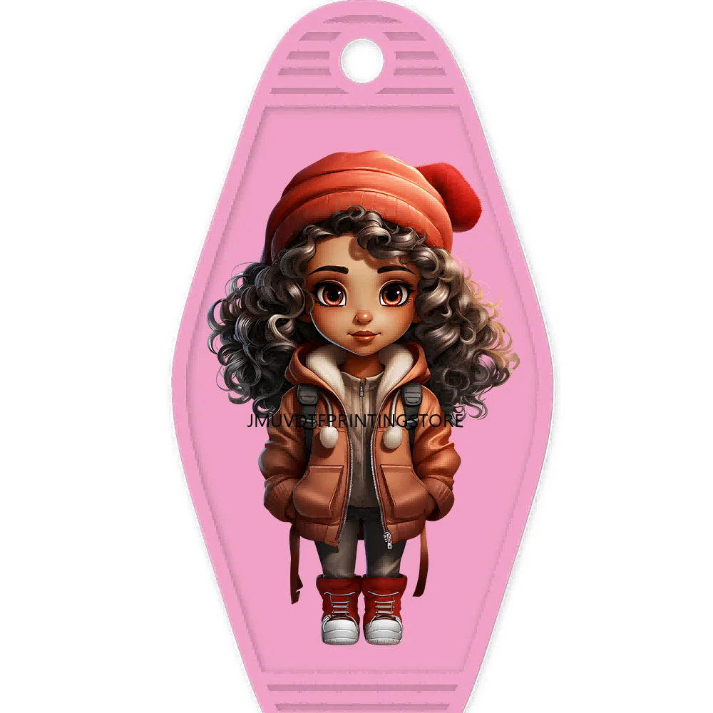 Merry Christmas Little Girls With Santa Hat High Quality WaterProof UV DTF Sticker For Motel Hotel Keychain