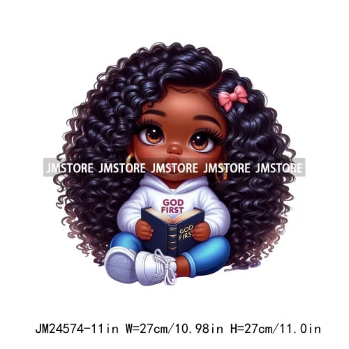 Cute God First Chibi Black Baby Girl Afro Magic Kids Coffee Woman Iron On DTF Transfer Stickers Ready To Press For Clothes Bags