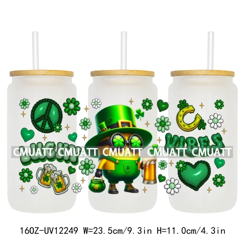 Happy St Patricks Cartoon Princess Characters Feeling Lucky Four Leaf Clover 16OZ UV DTF Cup Wrap Sticker For Libbey Glass Can