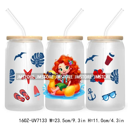 Cartoon Princess's Summer Vacation 16OZ UV DTF Cup Wrap Transfers Stickers For Libbey Glass Can Cups Tumbler Waterproof Craft