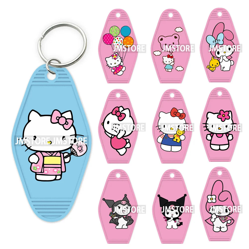 Cute Cartoon Pink Hello Cat With Bow Flower High Quality WaterProof UV DTF Sticker For Motel Hotel Keychain Labels DIY Logo