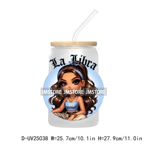 Chicana Chola Chibi Zodiac Girls UV DTF Transfer Stickers Decals For Libbey Cold Cups Mugs Durable Waterproof Custom Logo Labels