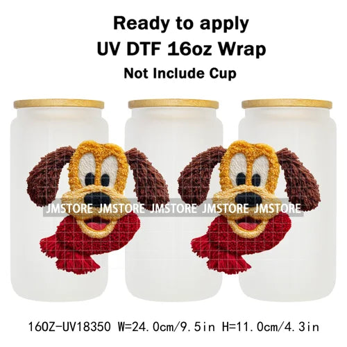 Faux Yarn Christmas Characters UV DTF Cup Wrap Ready To Apply Transfer Stickers Durable 16OZ Tumbler Wraps For Libbey Glass Can