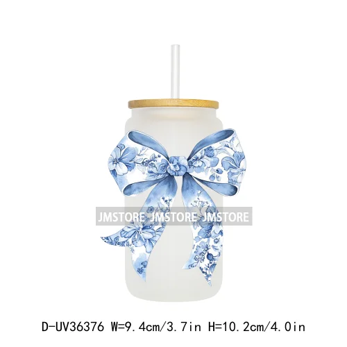 Blue Chinoiserie Coquette Bow UV Sticker Decals For Libbey Cold Cups Mug Tumbler Transfer Stickers Waterproof Top Quality Prints