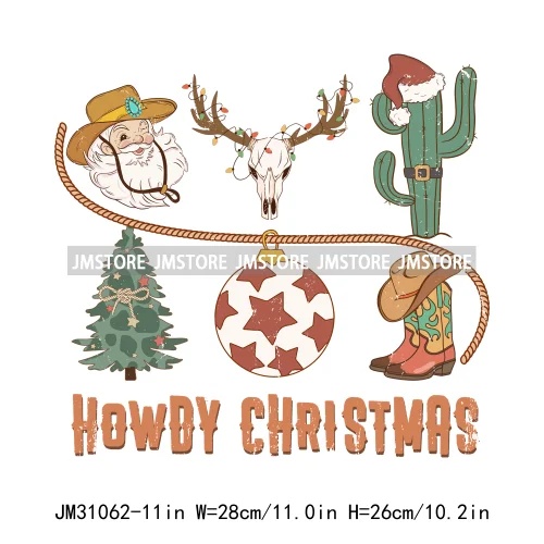 Funny Retro Western Merry Bright Country Christmas Cowgirl Howdy Tree Iron On DTF Transfers Stickers Ready To Press For Hoodies