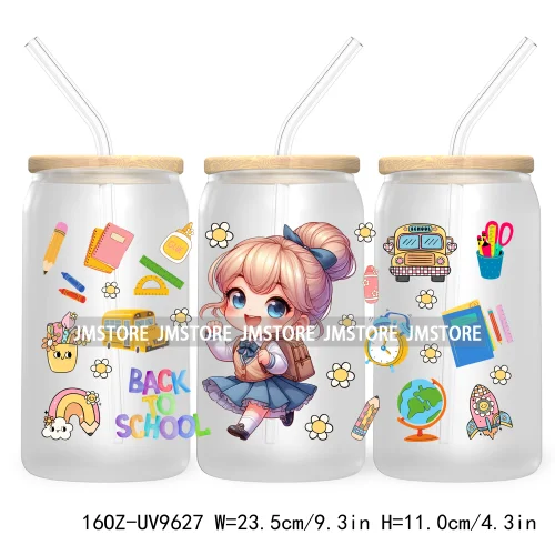 Back To School Cartoon Princess 16OZ UV Cup Wrap DTF Transfer Sticker For Libbey Glass Can Cups Tumbler Waterproof Label Teacher