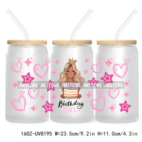 Pink Birthday Girl Queen 16OZ UV DTF Cup Wrap Transfer Stickers Custom Labels DIY Durable Waterproof Logo For Libbey Glass Can