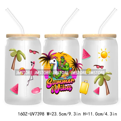 Summer Vibes 16OZ UV DTF Cup Wrap Transfers Stickers For Libbey Glass Can Cups Tumbler Waterproof Labels Cartoon Beach Vacation