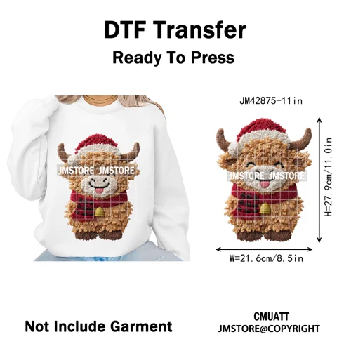 Faux Latch Hook Yarn Crochet Christmas Highland Cow Santa Iron on DTF Washable Transfer Stickers Ready to Press for Garment Bags