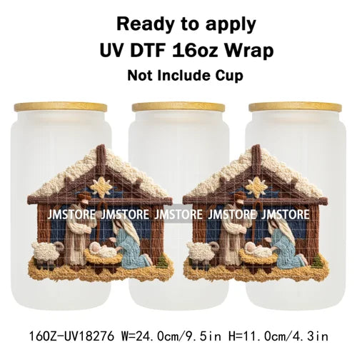 Faux Yarn Crochet Jesus Christmas Religious UV DTF Stickers Ready To Apply Cup Wrap Custom Labels DIY Craft For Libbey Glass Can