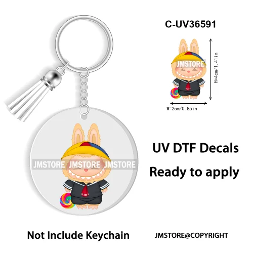 Coquette Bow Cartoon Monsters Doll In Costume Decal Round Keychain Ready To Apply UV DTF Transfer Stickers For Circle Keychain
