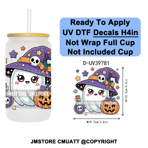Cute Halloween Witch Ghost Sweet Boo UV DTF Decals Ready To Apply Waterproof Transfer Stickers Prints For 16OZ Libbey Glass Can
