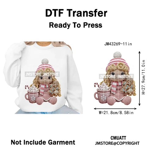 Faux Yarn Pink Hot Cocoa Cartoon Character Santa Cozy Christmas Iron on  DTF Transfers Stickers Ready to Press for T-shirts Bags