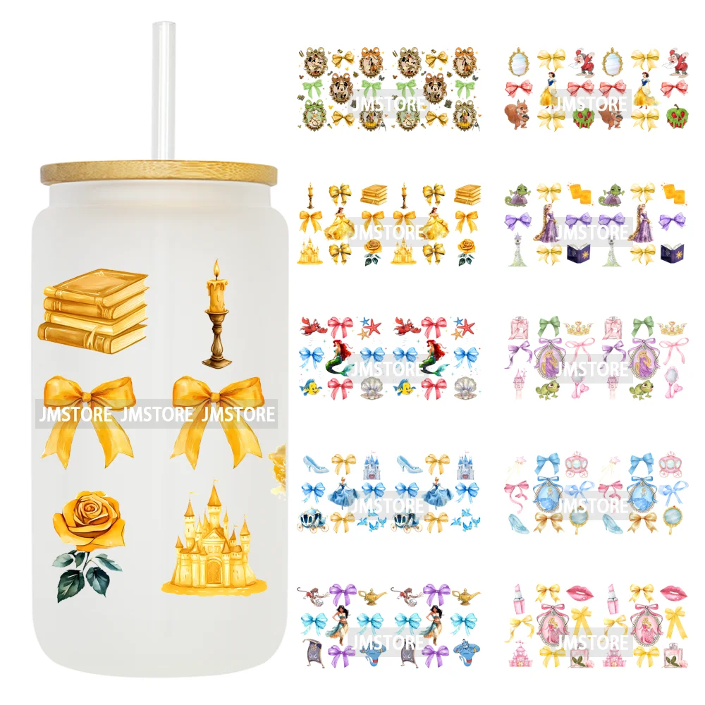 Coquette Bow Cartoon Princess Mirror UV DTF Cup Wrap Ready To Apply Transfer Stickers Waterproof Logo For 16OZ Libbey Glass Can