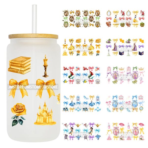 Coquette Bow Cartoon Princess Mirror UV DTF Cup Wrap Ready To Apply Transfer Stickers Waterproof Logo For 16OZ Libbey Glass Can