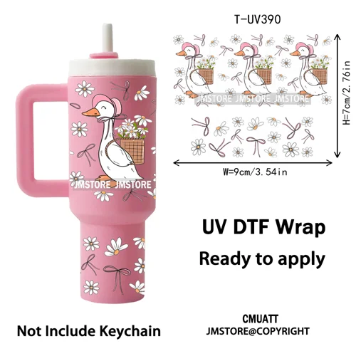 Pink Coquette Bow Goose Daisy Flower UV DTF Mini Tumbler Keychain Wraps Ready To Apply Transfer Stickers Prints Waterproof Decal