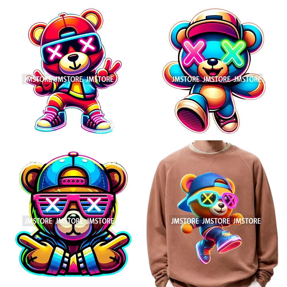 Cool Neon Colorful Hip Hop Streetwear Urban Teddy Bear Iron On DTF Transfers Stickers Ready To Press For Clothing Bags