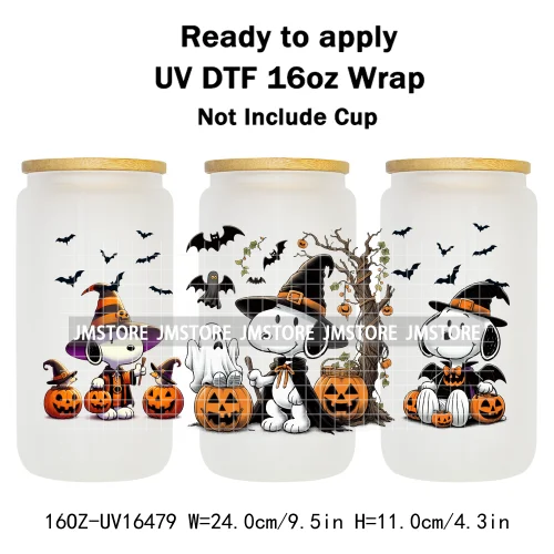 Spooky Ghost Halloween Pumpkin Cartoon Dog 16OZ UV DTF Cup Wraps Ready To Apply Waterproof Transfer Sticker For Libbey Glass Can