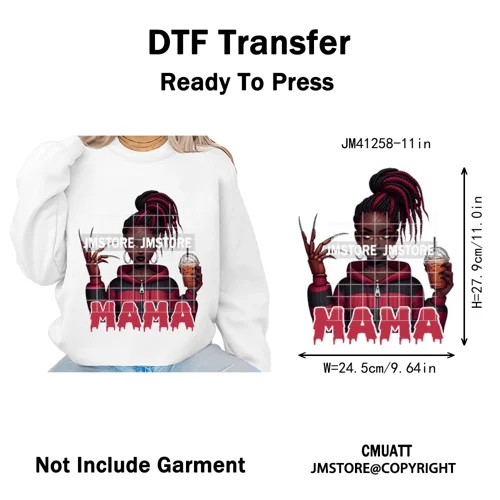 Coffee Lover Afro Mama Spooky Halloween Killer Cartoon Women Iron on Washable DTF Transfers Stickers Ready to Press for Hoodies