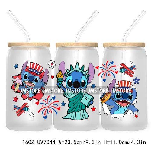 Happy 4TH Of July Cartoon Bear Friends 16OZ UV DTF Cup Wrap Transfer Stickers For Libbey Glass Can Cups Tumbler Waterproof Craft