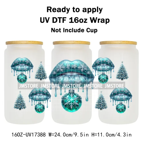 Colorful Christmas Lips Holiday Gifts Xmas Balls UV DTF Wraps Transfer Sticker Waterproof Logo For 16OZ Libbey Glass Can Tumbler