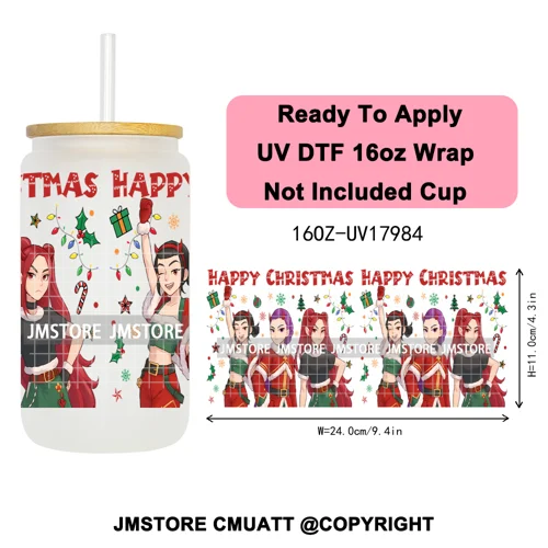 Christmas Edition Kpop Demon Festive Anime Girls UV DTF Stickers Ready To Apply Cup Wrap High Quality For 16OZ Libbey Can Glass