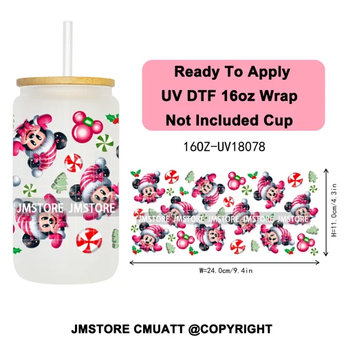 Christmas Cartoon Princess Merry Greenmas 16OZ UV DTF Cup Wraps Ready To Apply Waterproof Transfer Stickers For Libbey Glass Can