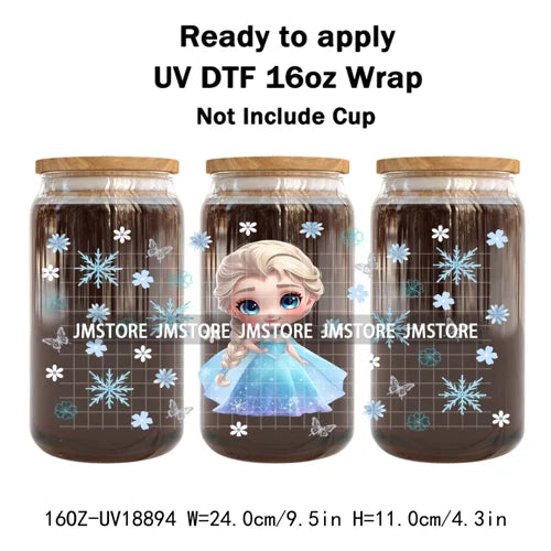 Baby Princess Cartoon Flowers Butterfly 16OZ UV DTF Cup Wraps Ready To Apply Waterproof Transfer Stickers For Libbey Glass Can