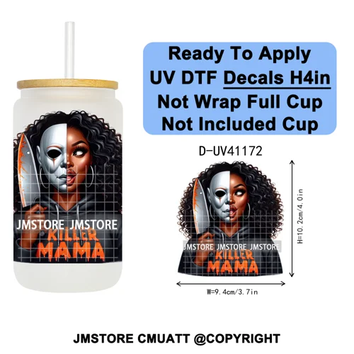 Bad Mama Killers Mom Halloween UV DTF Decals Ready To Apply Waterproof Transfer Stickers DIY Crafts For 16OZ Libbey Glass Can