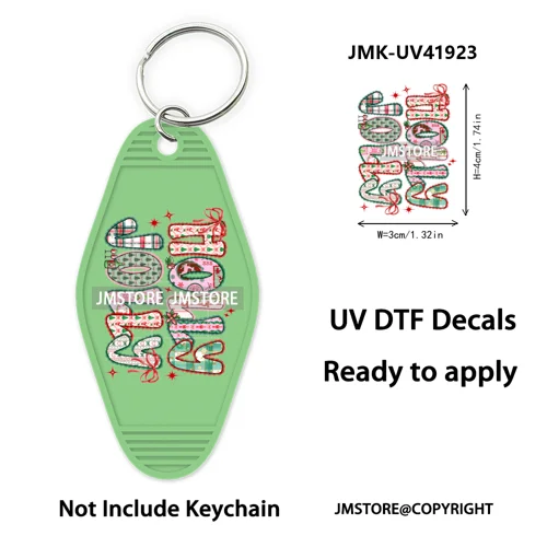 Holly Jolly Christmas Patchwork Santa UV DTF Motel Keychain Decal Ready To Ship Durable Transfer Stickers For Hotel Keychain