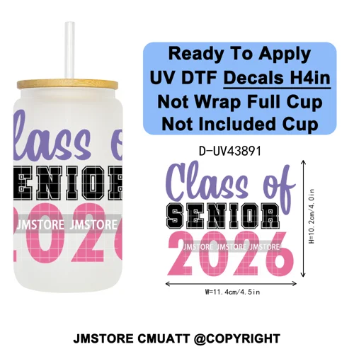 College Grad Class Of 2026 UV DTF Cup Decals Ready To Apply Transfer Stickers Durable Custom Labels For Libbey Glass Can Mugs