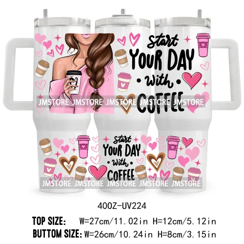 40OZ Tumbler Wrap But First Coffee UV DTF Cup Wraps Transfer Stickers Custom Labels Durable Waterproof Logo Messy Bun Black Girl