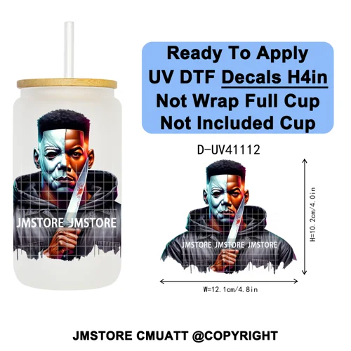 Black Horror Dad Halloween Spooky Daddy UV DTF Decals Ready To Apply Waterproof Transfer Stickers For 16OZ Libbey Glass Can Cups