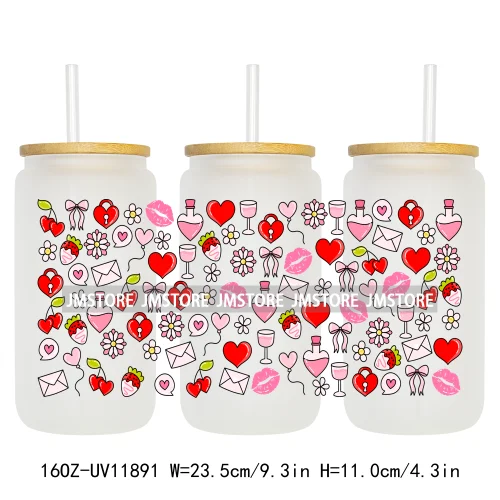 Coquette Bow Pencil 16OZ UV Cup Wrap DTF Transfer Stickers For Libbey Glass Can Cups Tumbler Cherry Heart Love Valentines Day