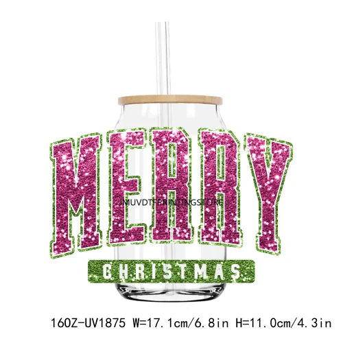 Merry Christmas Sequin 16OZ UV DTF Cup Wrap Transfers Stickers Custom Labels DIY Durable Waterproof Logo For Libbey Glass Can